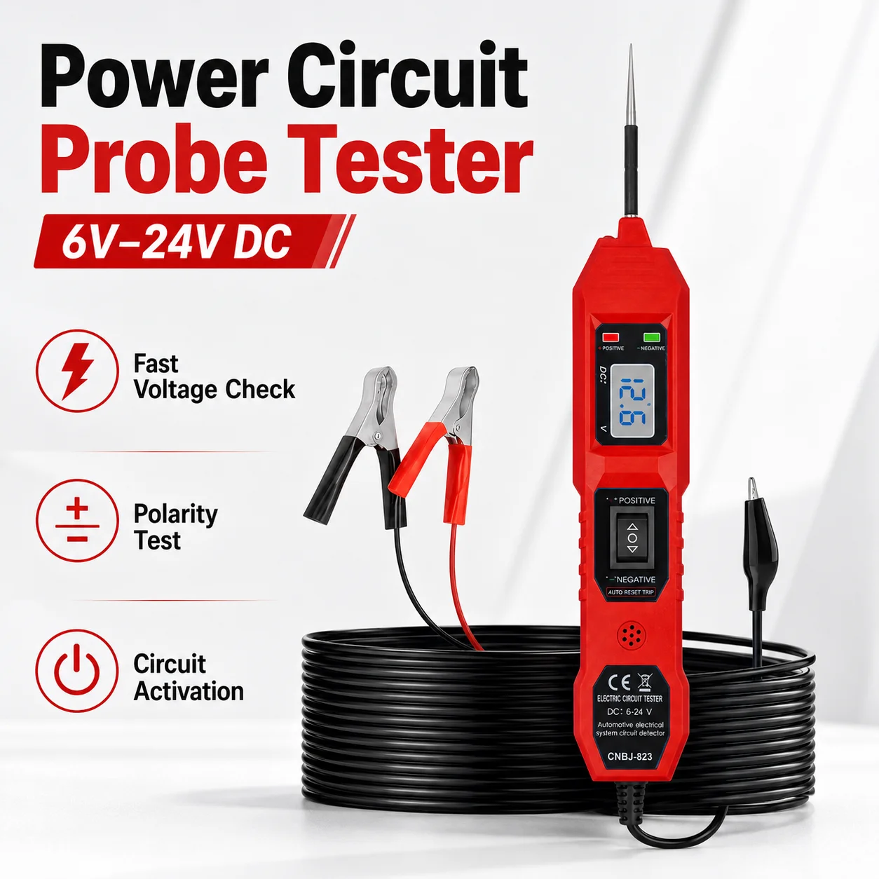 Cnbj-823 Automotive Power Circuit Probe Tester, 6-24Vdc Digital Automotive Electrical System Tester, with Voltage Display, Polarity Indication, Continuity Test, and Auto-Reset Function, Suitable for Circuit Diagnostics in Automotive, Truck, Motorcycle, and Rv Repair Applications