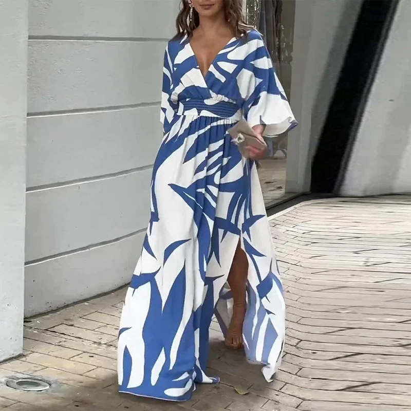 

Sexy Deep V-neck Flying Long Sleeve Party Dress 2024 Summer Women Sexy Split Long Dress Elegant Pattern Printed Waist Maxi Dress