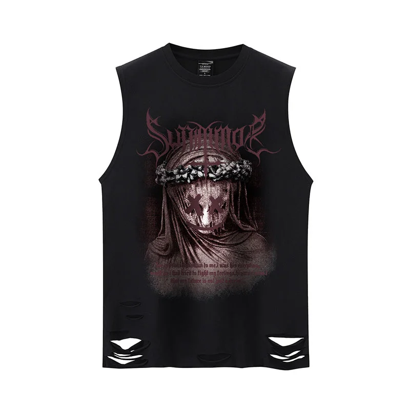 

American High Street Dark Sleeveless Tank Top Women's Summer Fashion Vibe Loose Hole T-shirt For Couple Man Vest Top