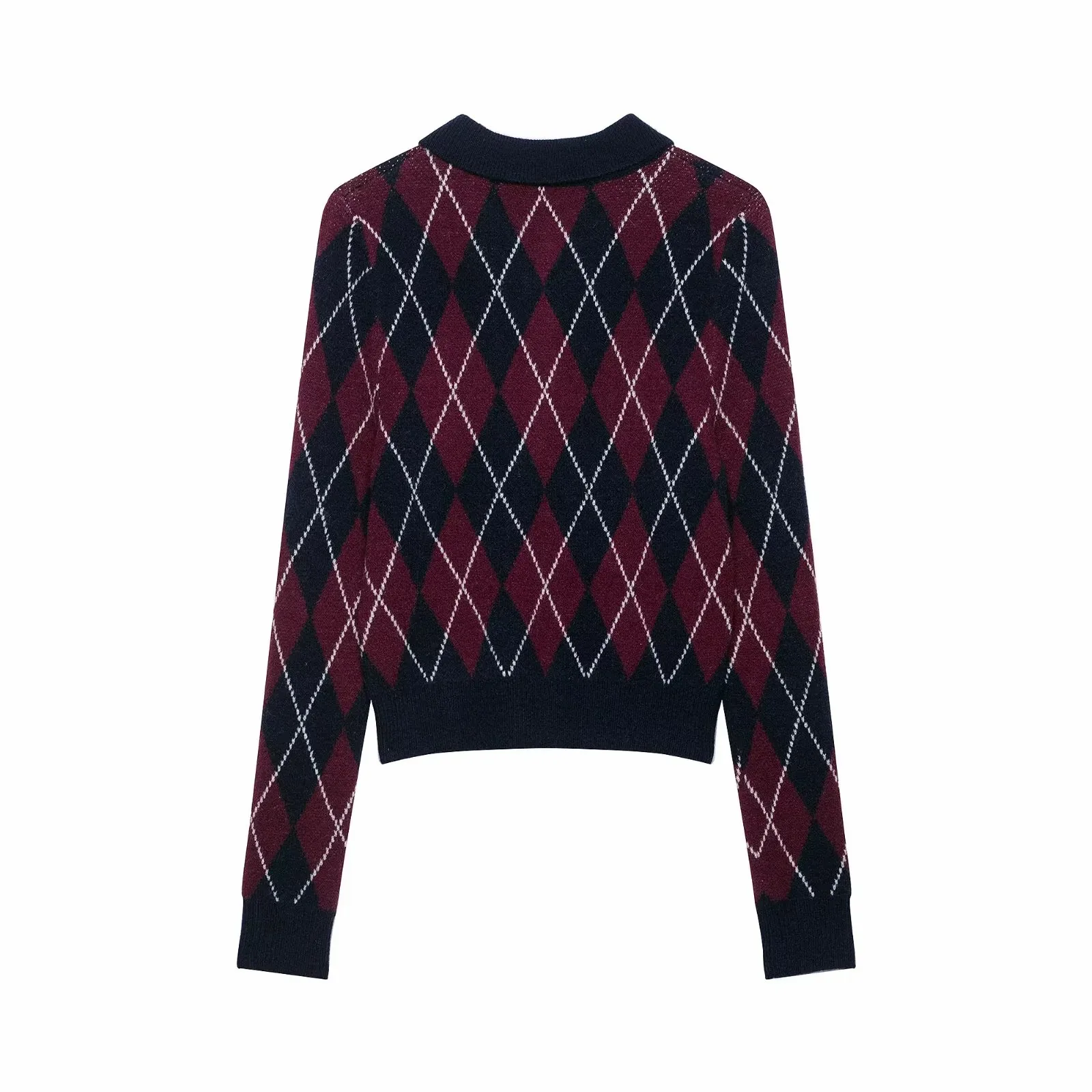 Damen Vintage Diamant Geometrisches Muster Häkel-Strickpullover Weiblicher Schicker Polokragen Schlanker Pullover Mantel Damenoberteile – Detail 7