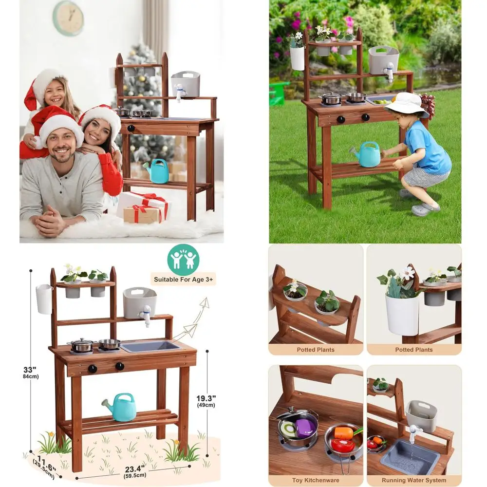 

Children's Outdoor Wooden Play Kitchen with Removable Sink and Faucet, Montessori Toys for Ages 3+, Mud Kitchen for Kids