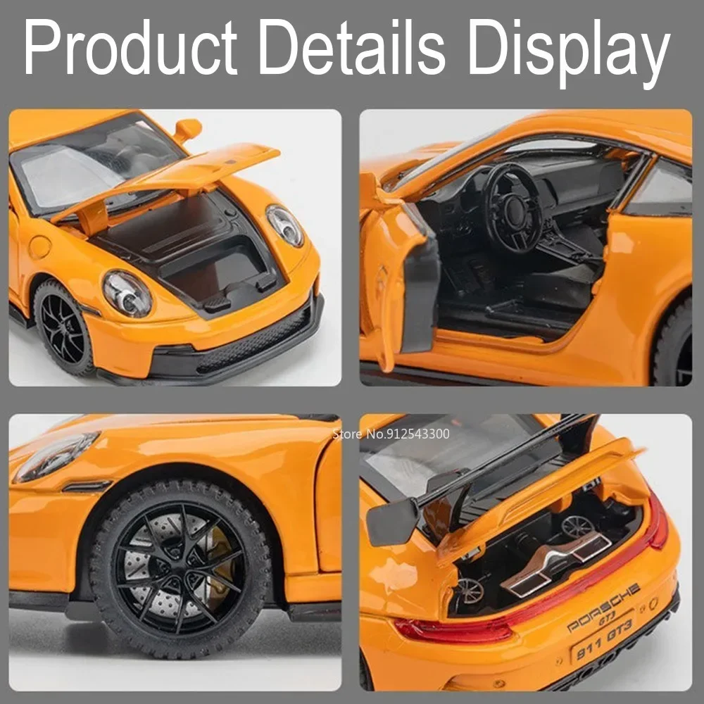 1:32 Porsche 911 Gt3 Modello di auto sportiva Giocattolo Lega di gomma Pneumatici Porte aperte Supercar Modelli Suono Luce Tirare indietro Regali per il capretto