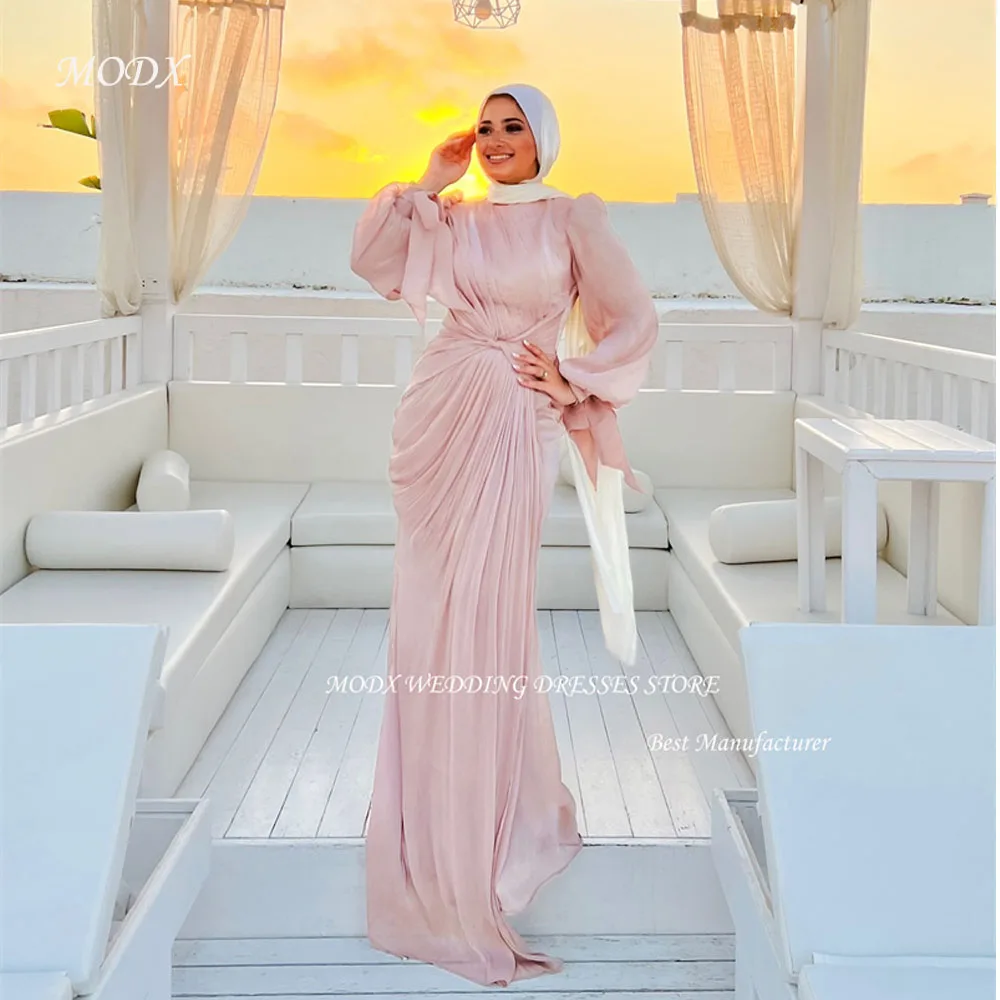 MODX Modest Silk Chiffon Evening Dresses Dubai Arabic Women Puff Long Sleeves Pleats Formal Party Prom Party Gowns Customized