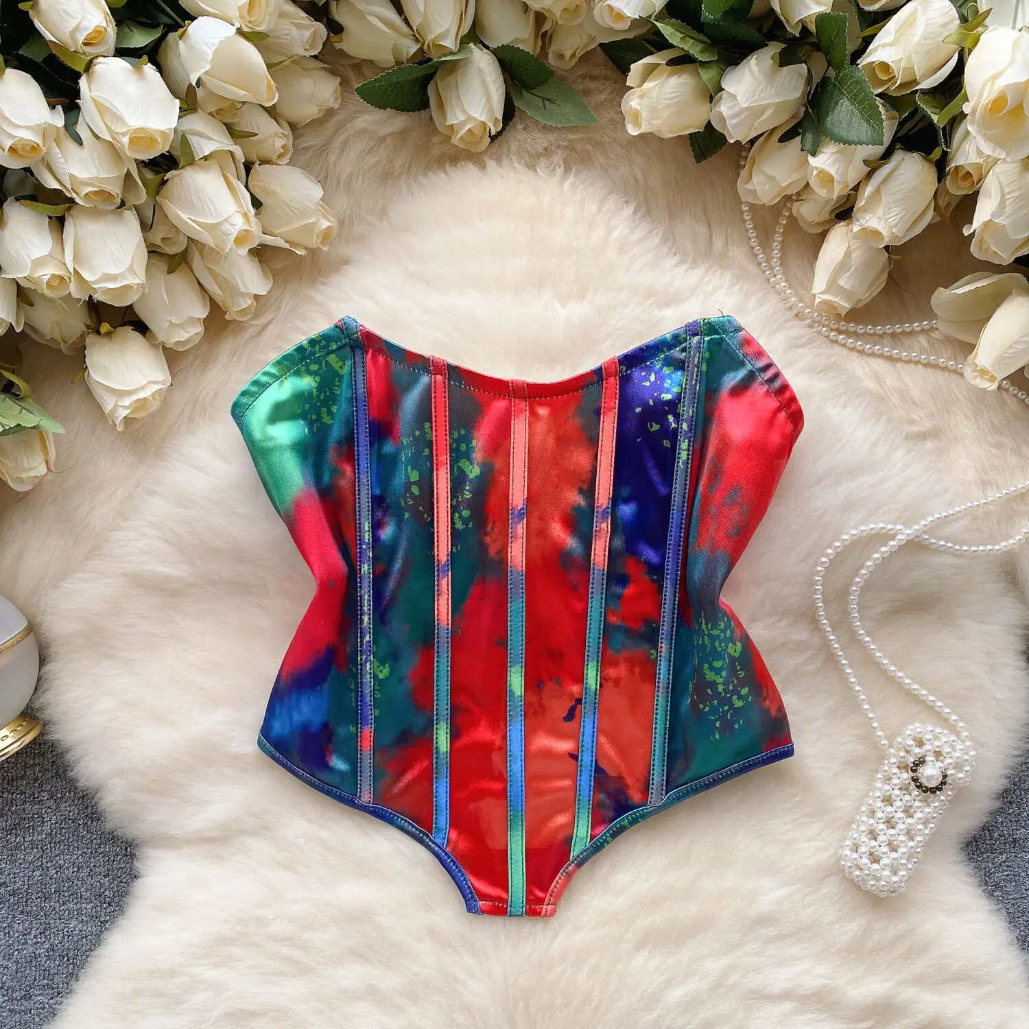 

Spicy Girl's Tie Dyed Print Bra Tank Top Women's Autumn Tight U-shaped Bottom Fishbone Outwear Bottom Top Vest Bustier Corset