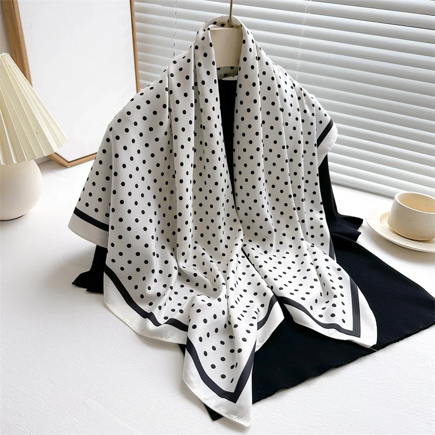 Sommer Elegante Frauen 90 cm Twill Satin Quadratischen Haar Schal Dot Print Sonnencreme Strand Stolen Hijab Schal Wraps Bandana echarpe