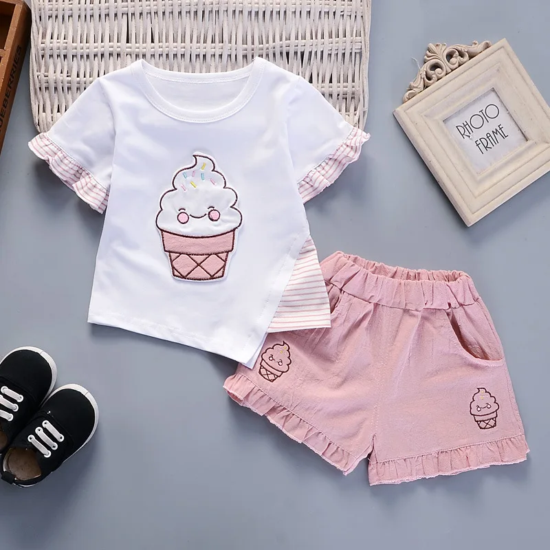 1-4T Girl Clothes Summer Short Sleeve Cartoon Ice Cream Print T-shirt Pant 2PCS Baby Set Children Outfit Kid Tracksuit A486