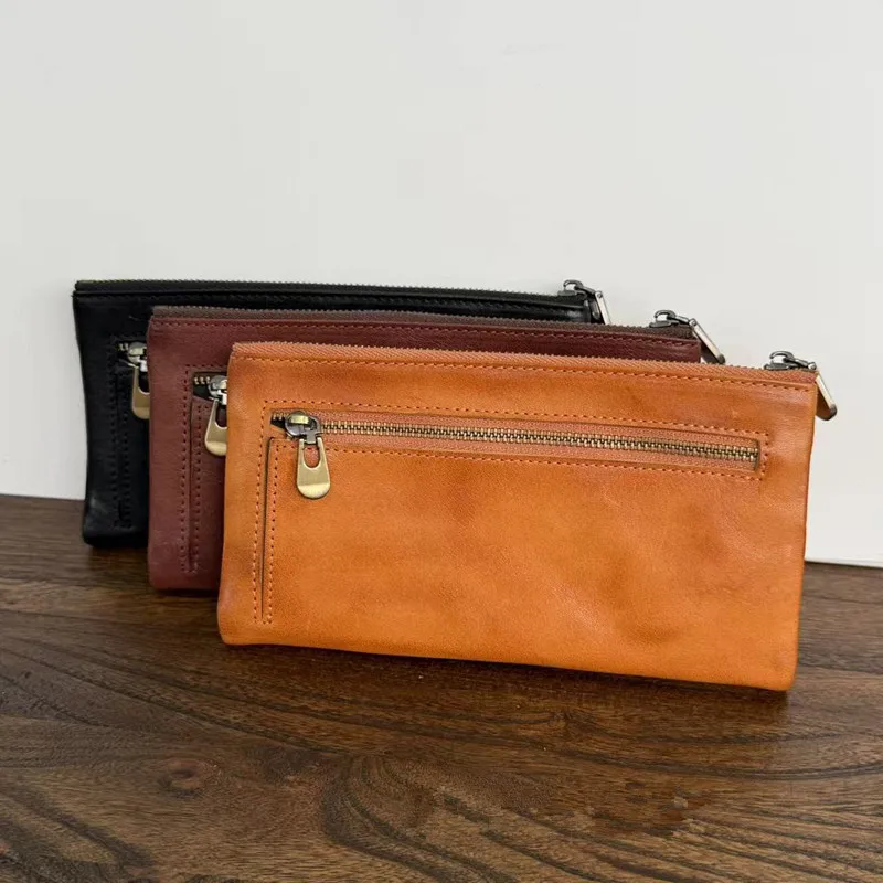 Multi-slot card case, top layer cowhide, retro, simple long card case for men and women, multi-functional