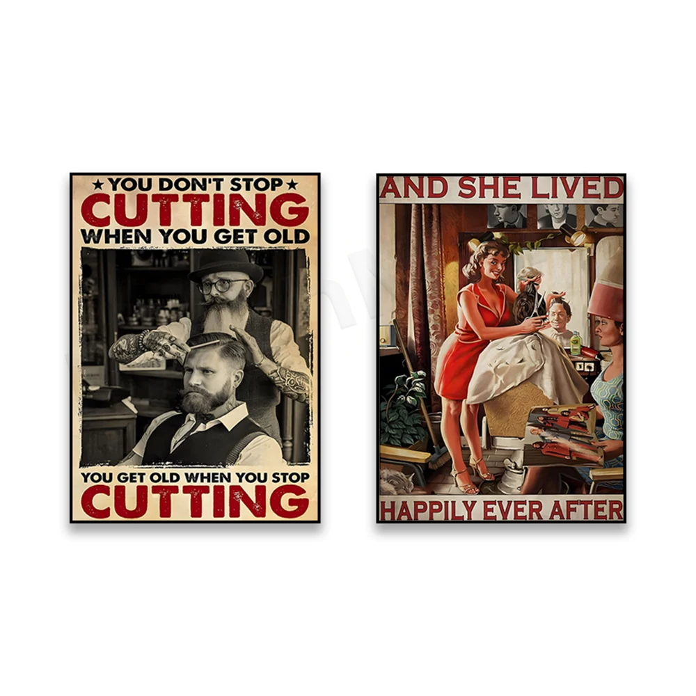 Woman barber poster, she lives happily after barbershop print, barber cuts man's hair, barbershop decoration, barbershop gift