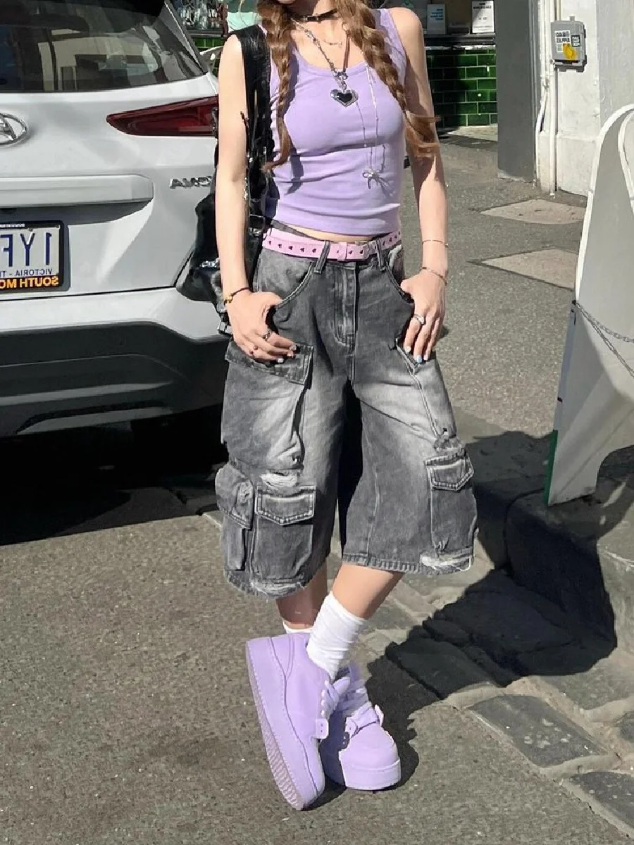 

American Retro Old Washing Grinding White Work Pants Women Summer New Hot Girl Design Sense Multi-Pocket Ripped Cropped Pants
