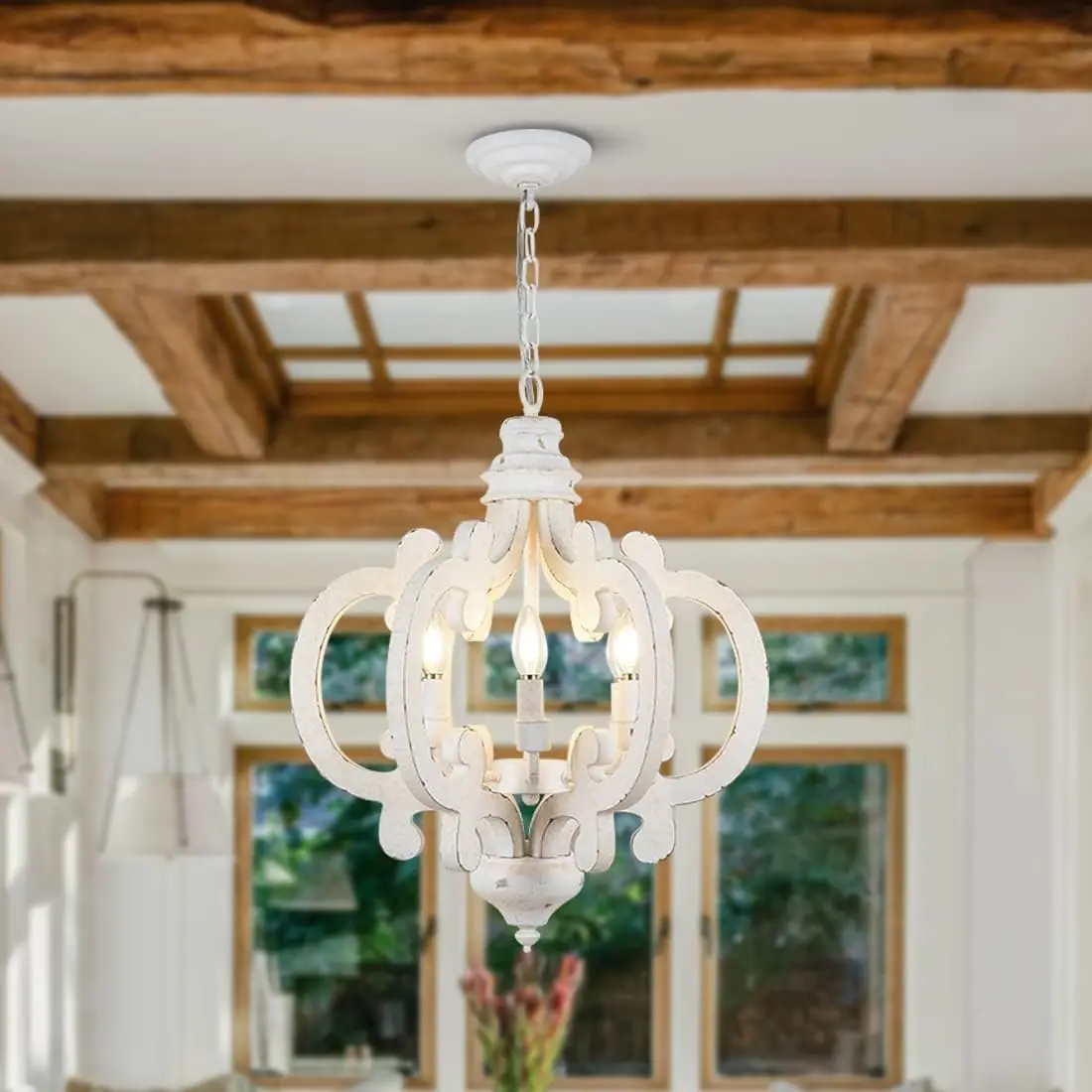 Hmvpl 6-Lights Farmhouse Chandeliers For Dining Room,Wooden Dining Room Light Fixtures Over Table,Distressed White Chandelier