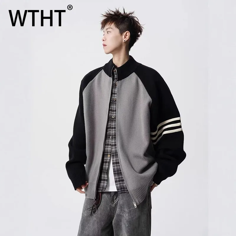 

WTHT винтажные мужские лоскутные полосатые пальто контрастного цвета, мода 202, осенняя куртка с воротником-стойкой на молнии и длинными рукавами, мужская 2A2011