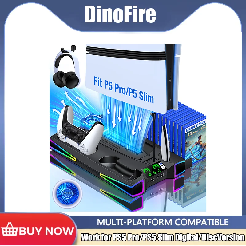 

DinoFire S7001 For PS5 Console Horizontal & Vertical Cooling Stand PS5 Dual Cooling Fans for Playstation 5 Slim Editions Cooler