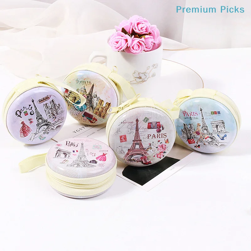 portable1PC Creative Round Tinplate Coin Wallet Cartoon Storage Box Small Headphone Cable Mini Zipper Bag