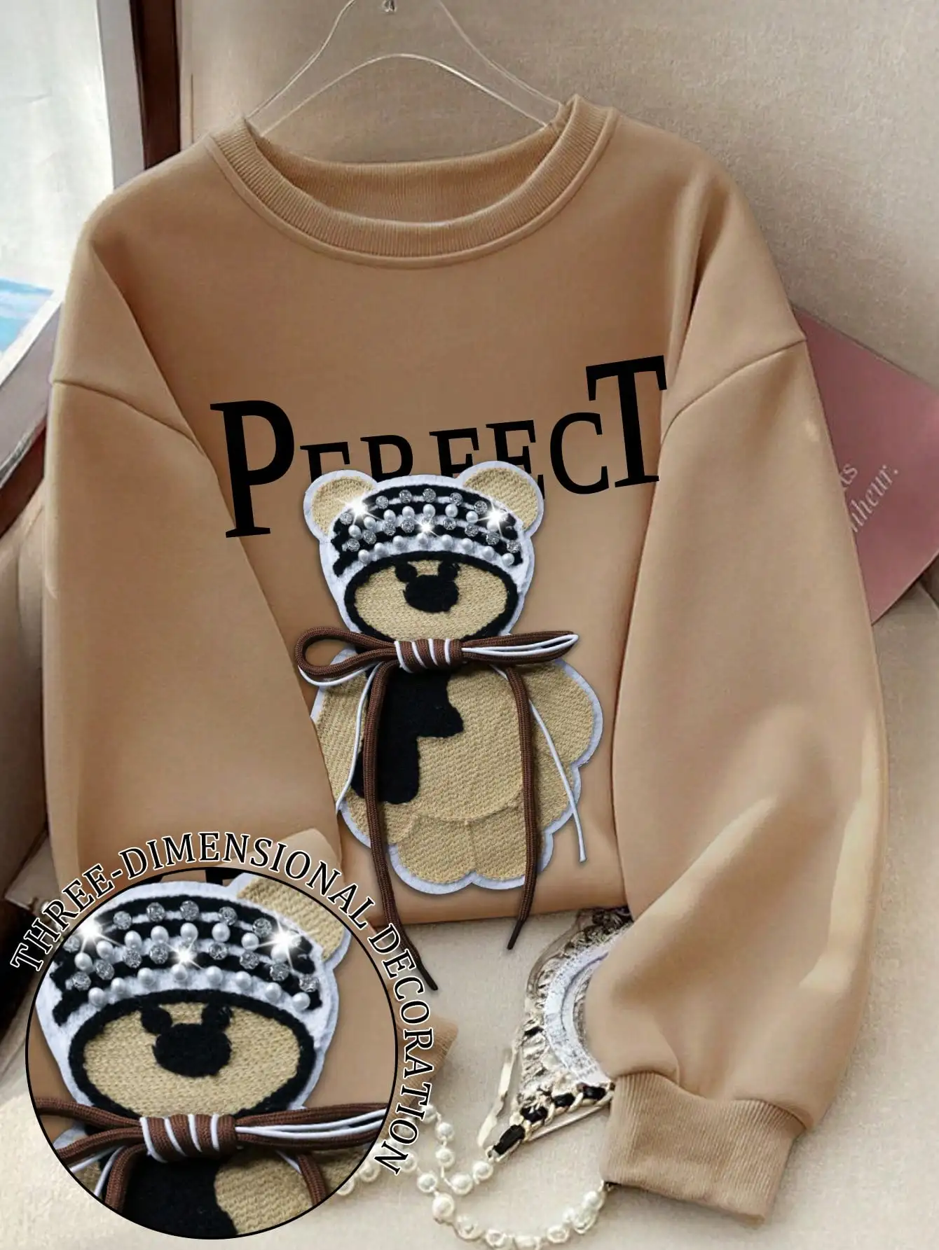 Crème damessweatshirt met kersenborduurwerk, ronde hals met lange mouwen, casual herfst-wintertop