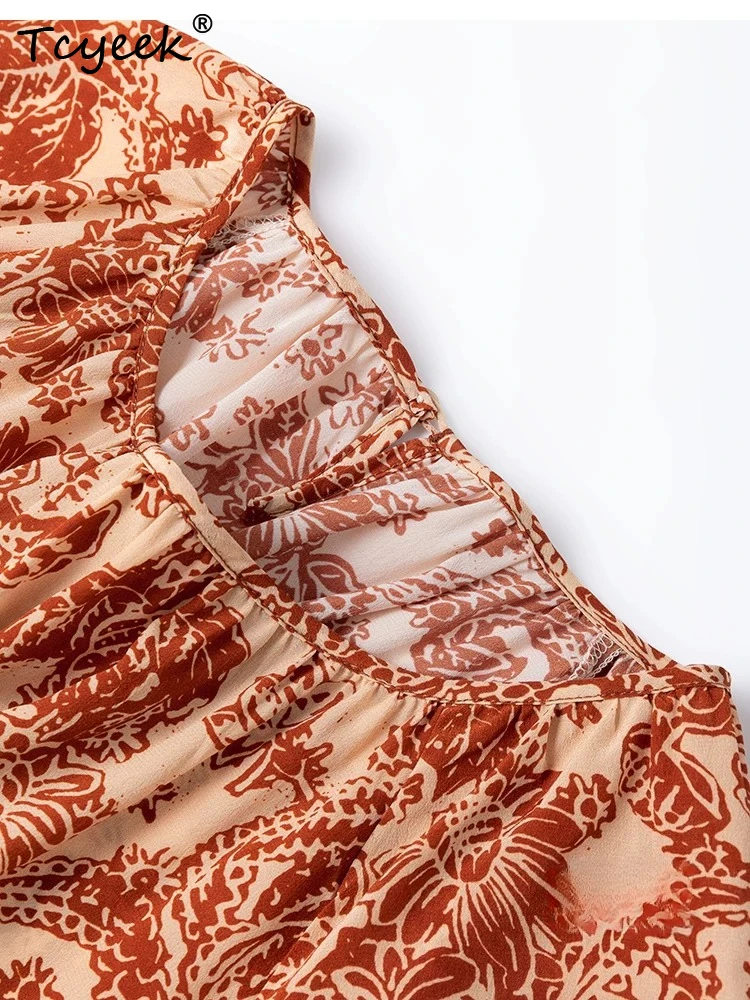 Tcyeek 100% Real Silk Women Tops 2026 Spring Summer Floral Pattern Skin-friendly Lantern Sleeve Top Female Clothes Ropa De Mujer