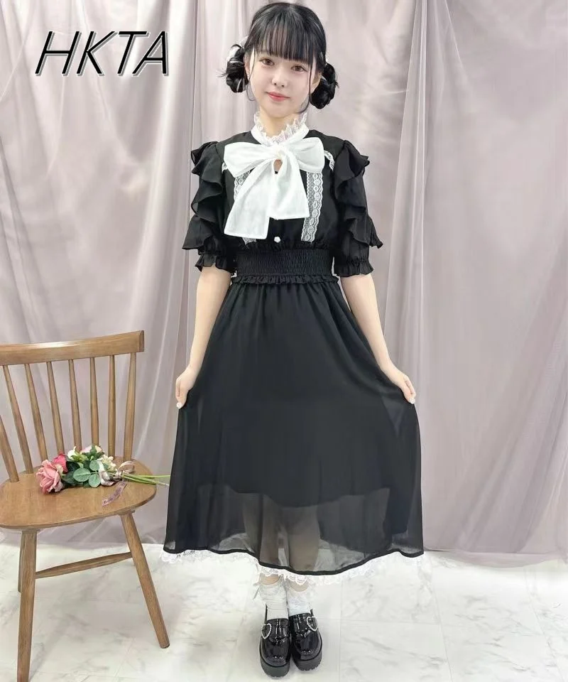 

Japanese Rojita Style Mine Elegant Bow Tie Waist-Tight Long Dress Spring Summer Women's Ruffled Short Sleeve Chiffon Maxi Dress