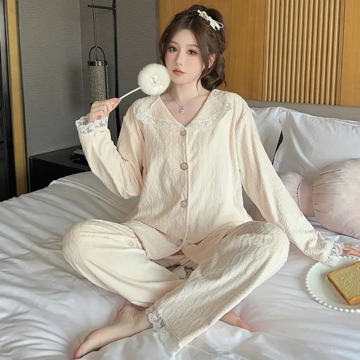 

Thickened Island Velvet Sleepwear Women's Casual Home Clothes Set Winter Warmth Outerwear Long Sleeve Thermal Home Suit