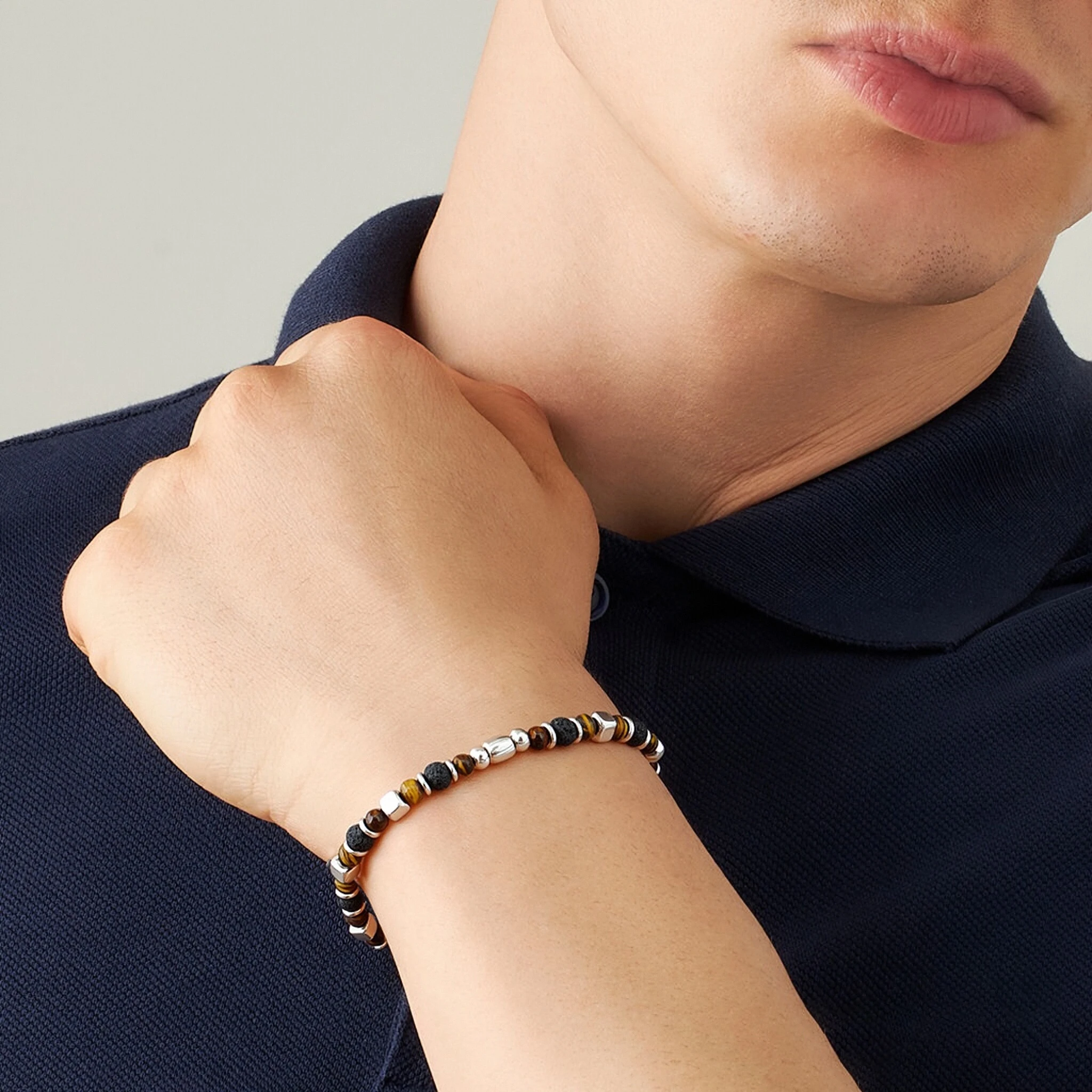 Men's Runda Natural Stone Bracelet Tiger Eye 4mm Charm Bead Stainless Steel Adjustable Handmade Good Luck
