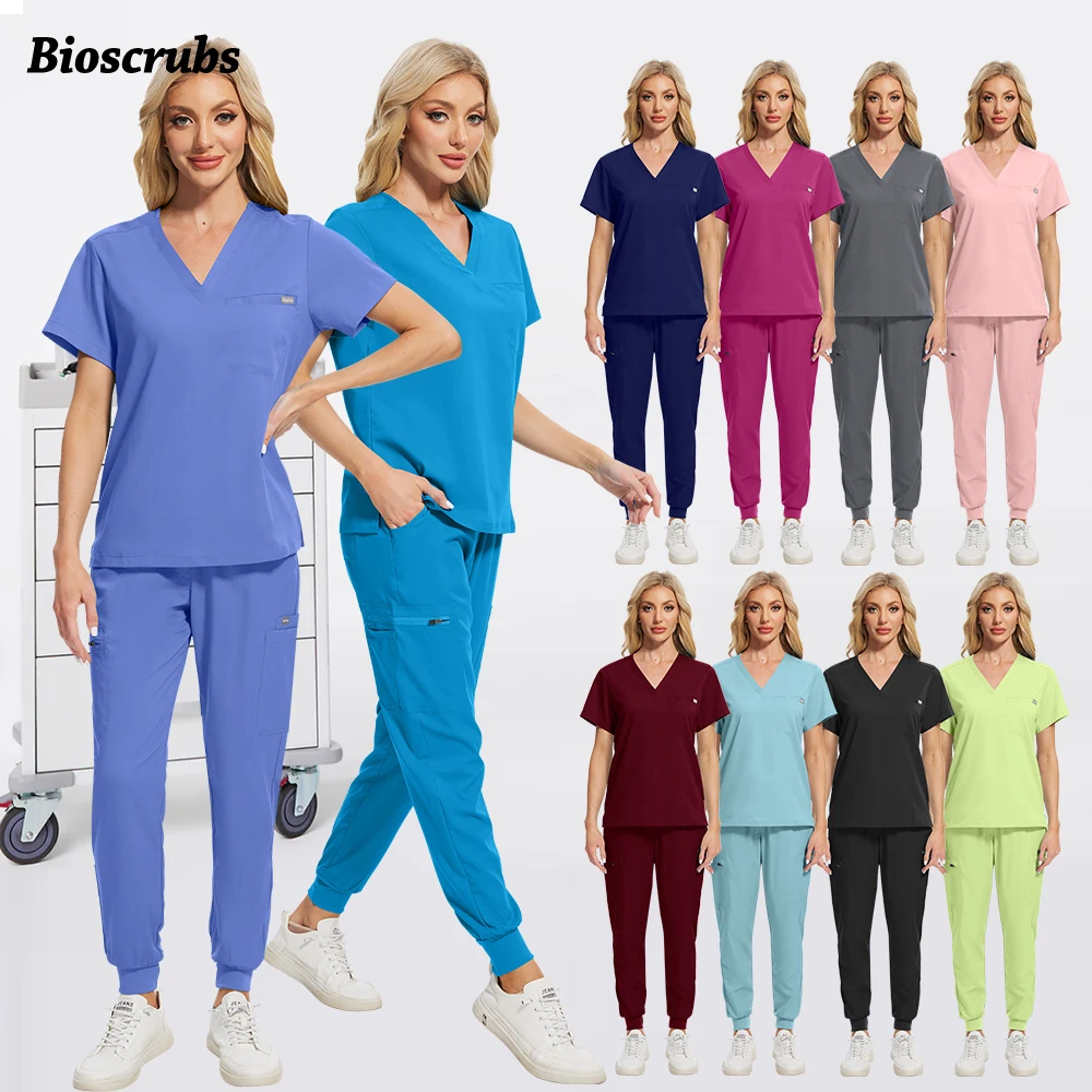 ポケットトップ + パンツセット医療手術制服マルチカラー歯科医制服ネイリスト美容師作業服女性男性アクセサリー