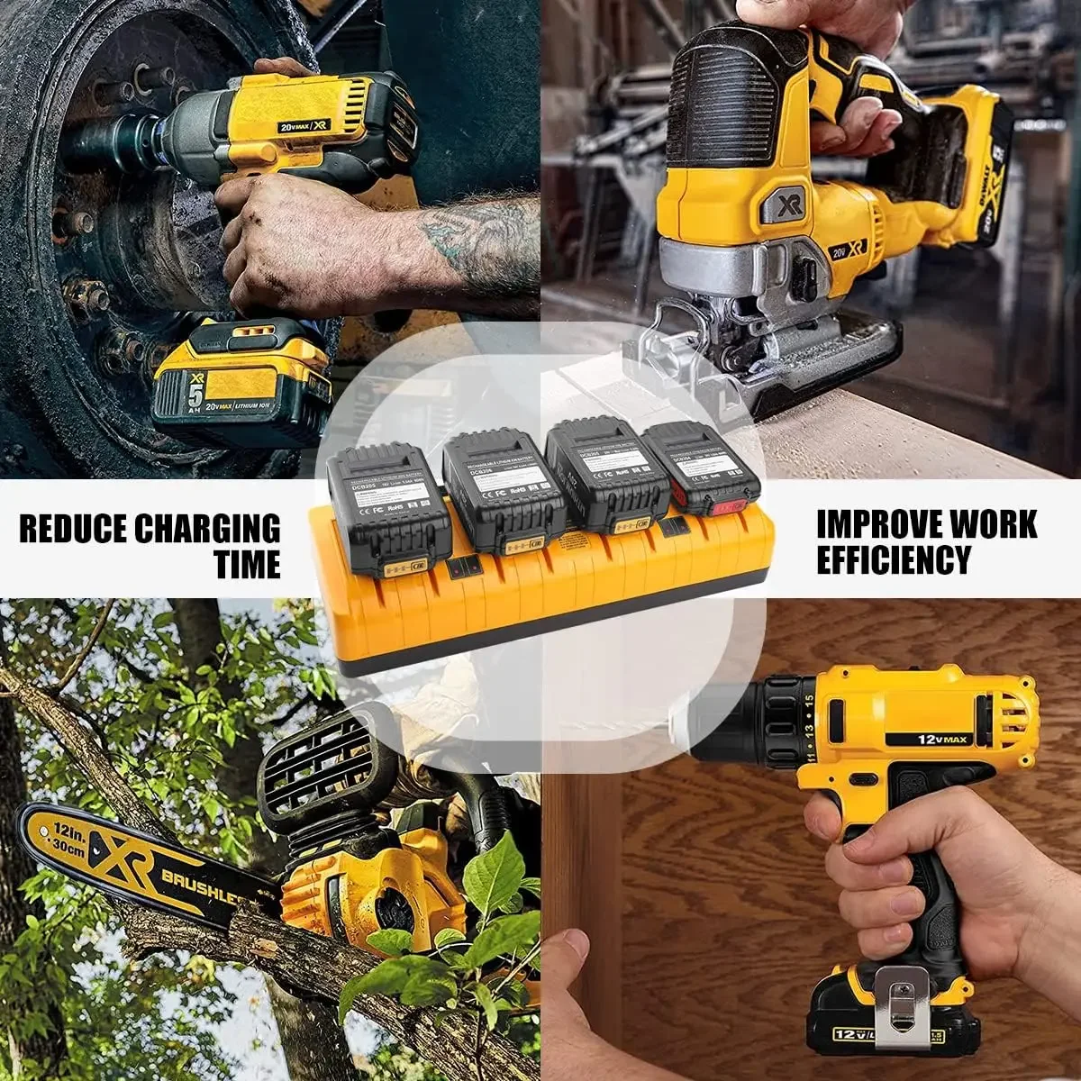 Chargeur rapide simultané multiport, Dewalt Poly, DCB104, 10.8V, 12V, 14.4V, 18V, 20V, d\'avant Volt 20V, DCB127, DCB105