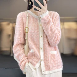 New autumn and winter products 100% wool color matching knit cardigan Jacquard Joker O-neck pocket cashmere loose coat top