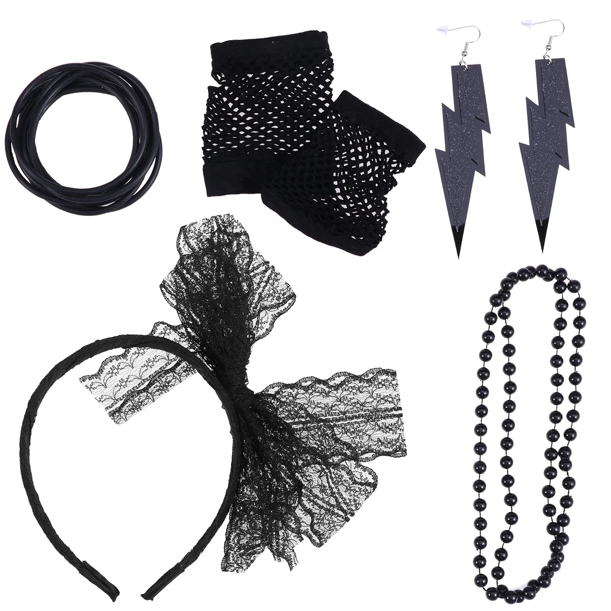 5-Piece 80S زي الاكسسوارات مجموعة أساور ملونة قلادة أقراط الدانتيل عقال شبكة صيد السمك قفازات فستان الحفلات يتوهم 80S #4