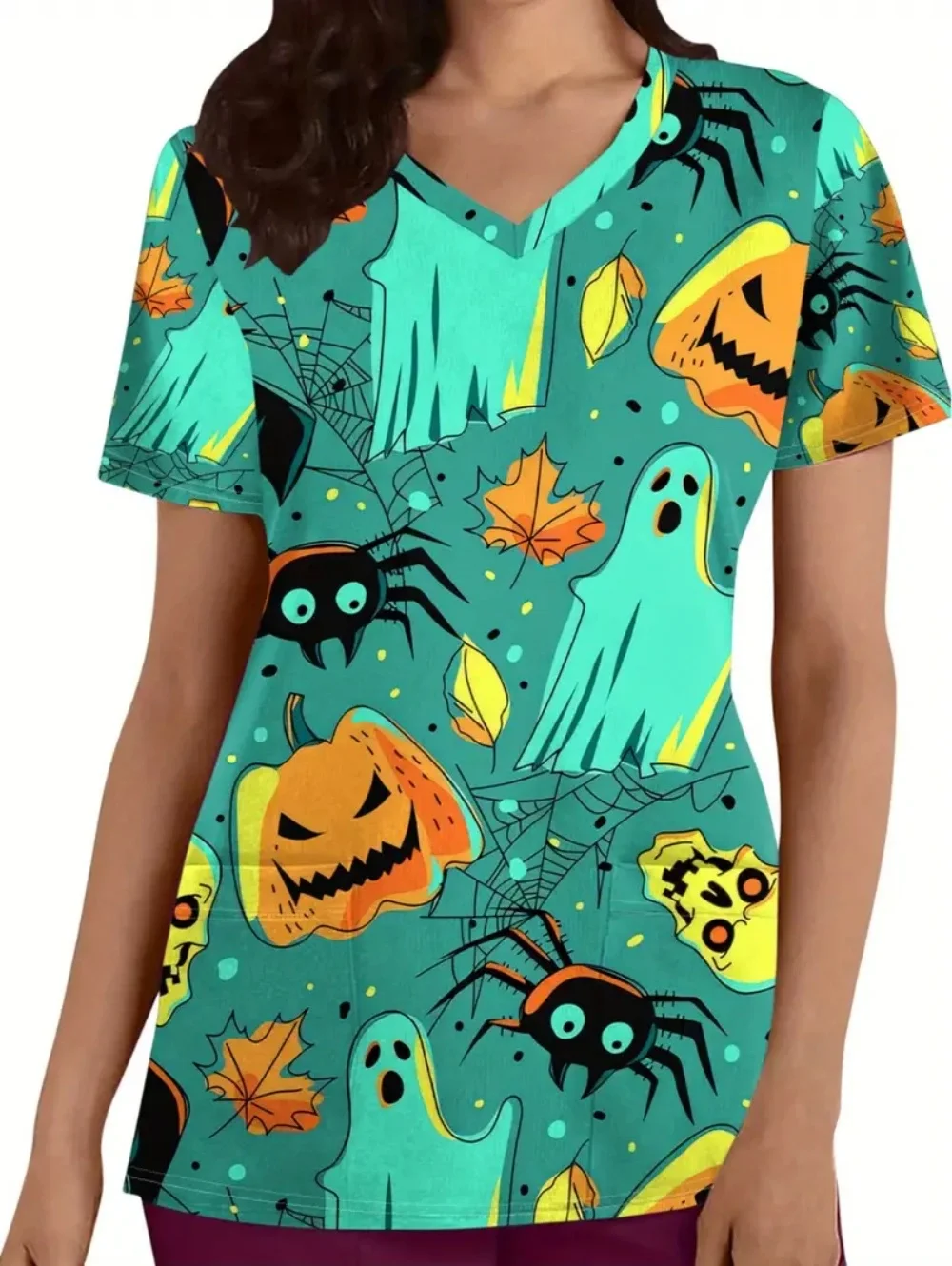 Uniforme chirurgical d'halloween, imprimé fantôme de citrouille mignon, mode d'été, col en v, manches courtes, hauts vétérinaire jaune pour femme, uniformes chirurgicaux