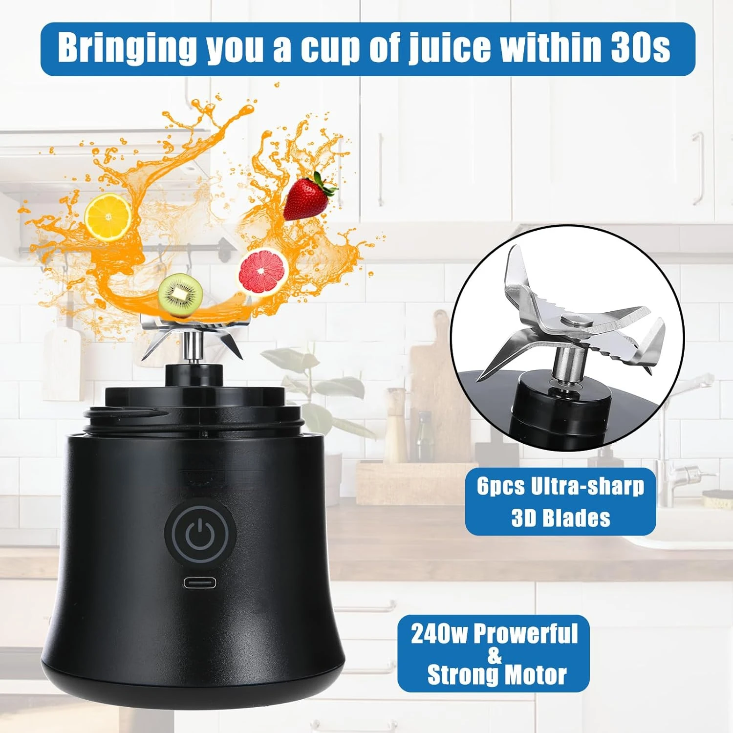 Compact and Powerful Portable Personal Size Blender with 6 Sharp Blades, 20 oz Mini Blender Cup, Travel Lid, and USB Rechargeabl