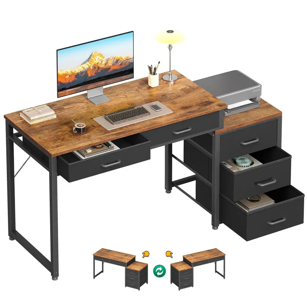 53 Inch Computer Desk with 5 Drawers amp Printer Shelf, Rustic Brown Reversible Office Desk for Home Office, Writing Table Desk