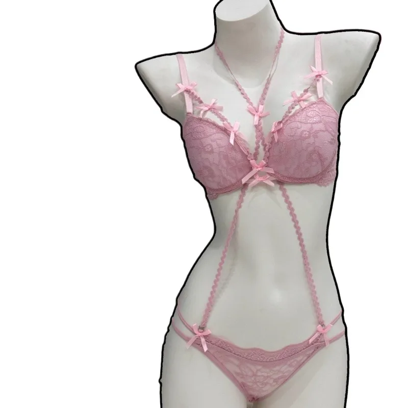 エスプリ感のあるパープルのリボンネックレス＆ブラセット - 低彩度のマッチングランジェリー、プッシュアップブラと調節可能なネックレス（女性用）MOYISU