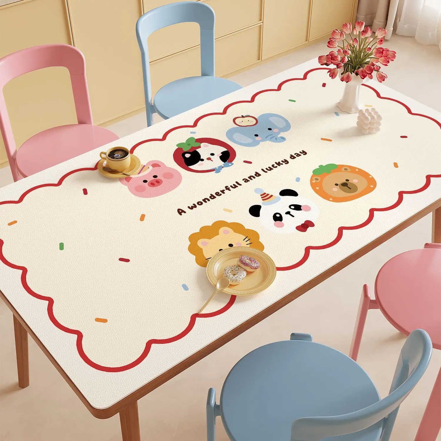 Waterproof Oil-Proof Leather Student Table Mat, Heat Resistant Placemat, Anti-Slip Easy Clean Cuttable Dining Table Cloth 3