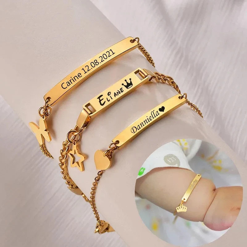

Engraved Customized Baby Name ID Date Bracelets For Girl Boy Stainless Steel Bracelet Carving Not Allergic Jewelry Birthday Gift
