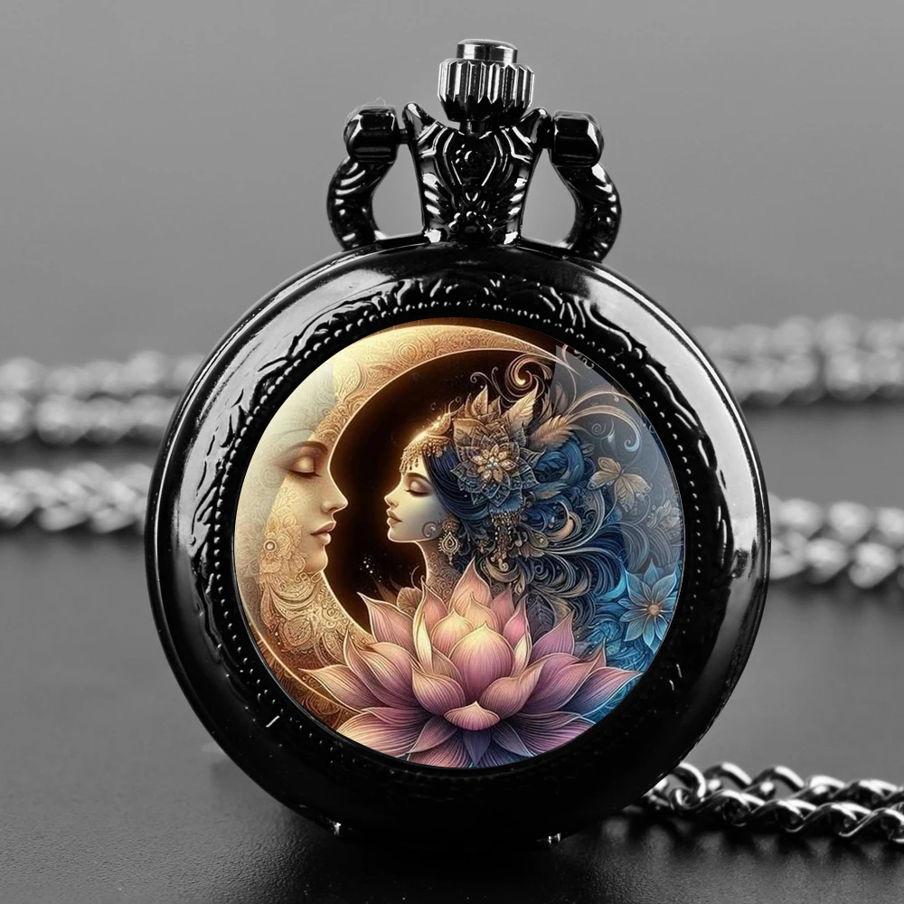Exquisite Gift Sun and Moon Flower Design Glass Dome Quartz Pocket Watch with Rugged Chain Men Women Kids Unique Gift