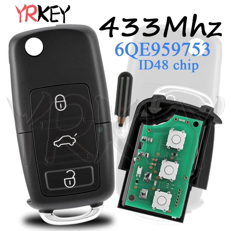 

6QE 959 753 Flip Car Key For Volkswagen VW Saveiro 2009-2012 Fox Gol Sharan 2010+ ID48 Chip 434Mhz 6QE959753 3 Button Remote Key