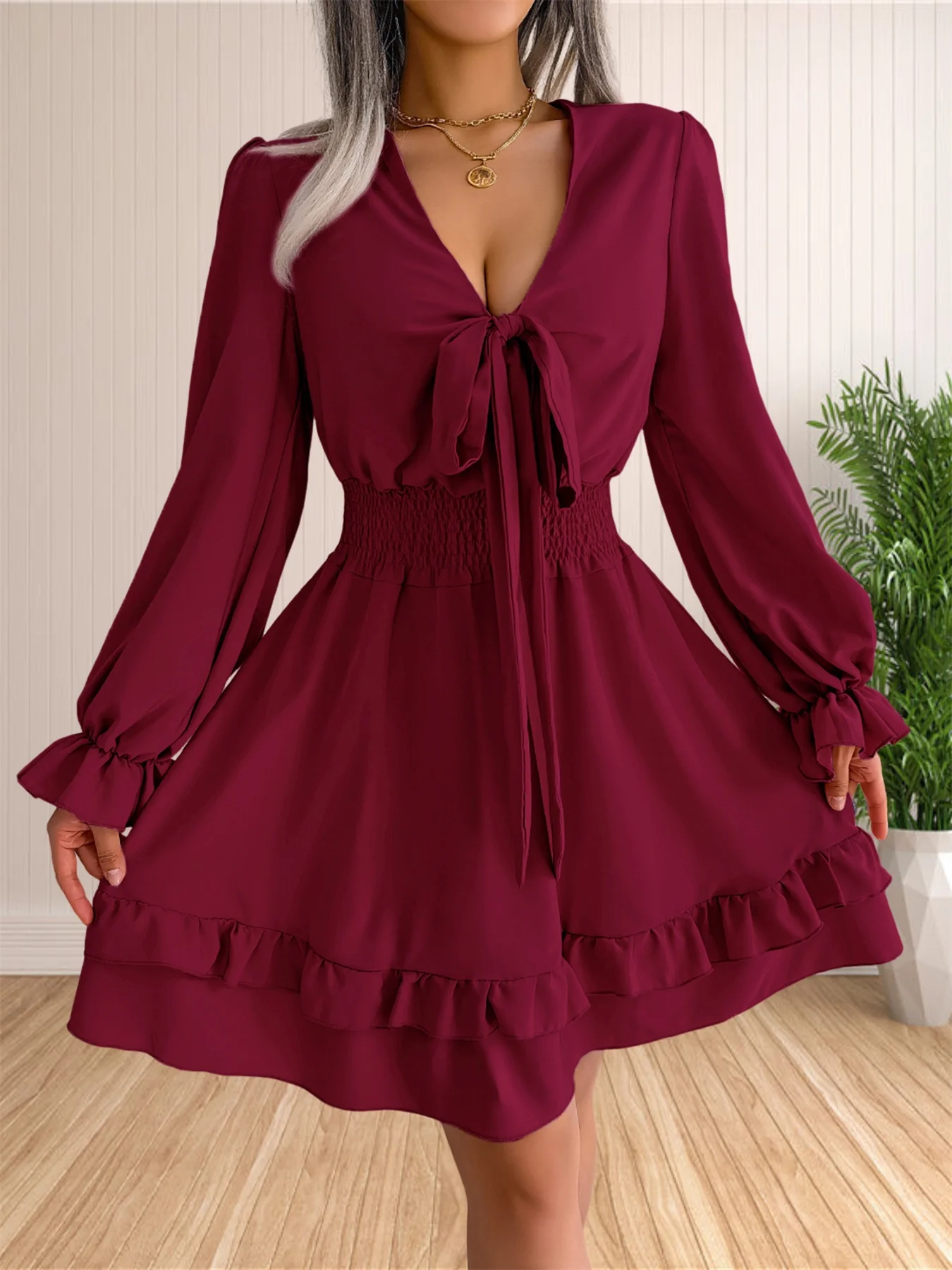 Women's Sexy Deep V Neck Knot Front Long Sleeve Smocked Wiast Ruffle Tiered Swing Mini Skater Dress