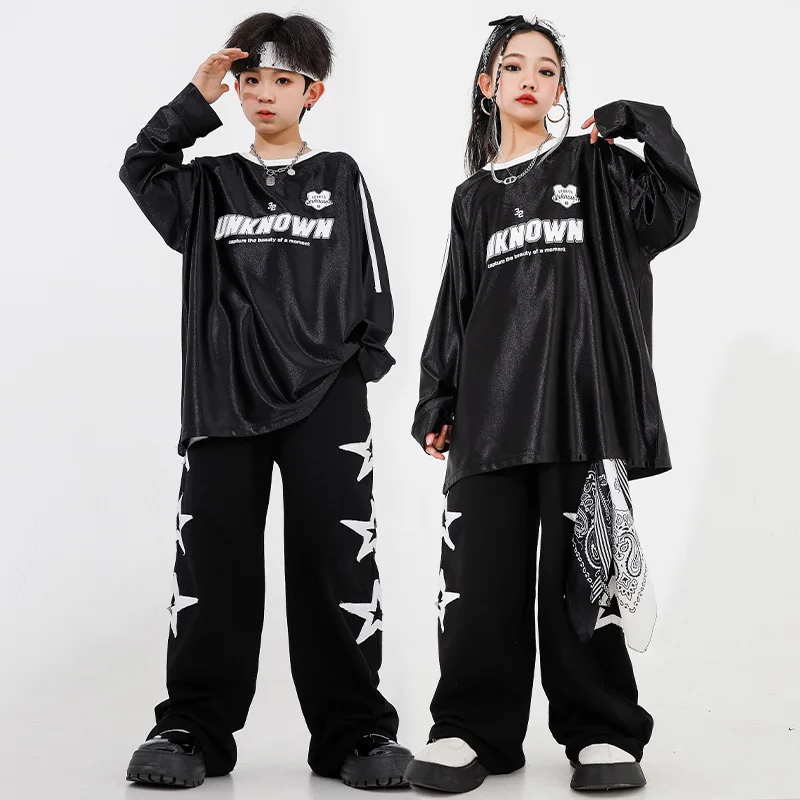 子供 Kpop ヒップホップ服反射印刷トップスストリート黒パンツスター付きガールズボーイズジャズダンス衣装服