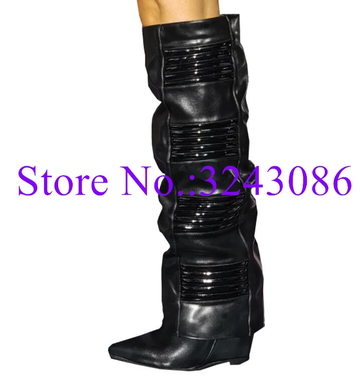 

New Black Leather Wedge Long Boots Lady Fashion Design Pointed Toe Wedge Knee High Boots Woman Large Size Winter Shoes Dropship