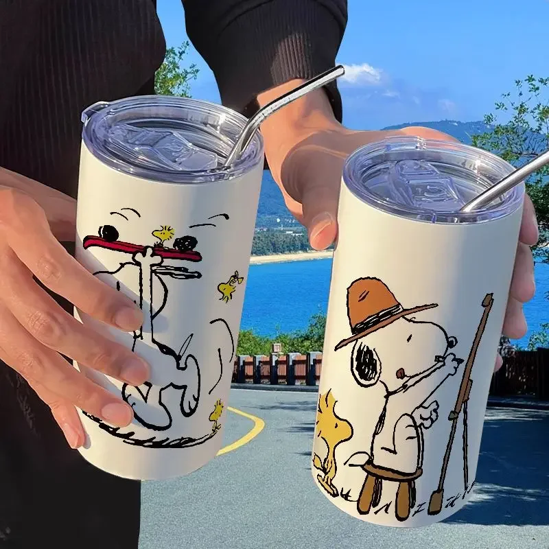 Copo térmico portátil dos desenhos animados com palha, Snoopy, de alta aparência, bonito, portátil, copo de água, café, Disney, estudante