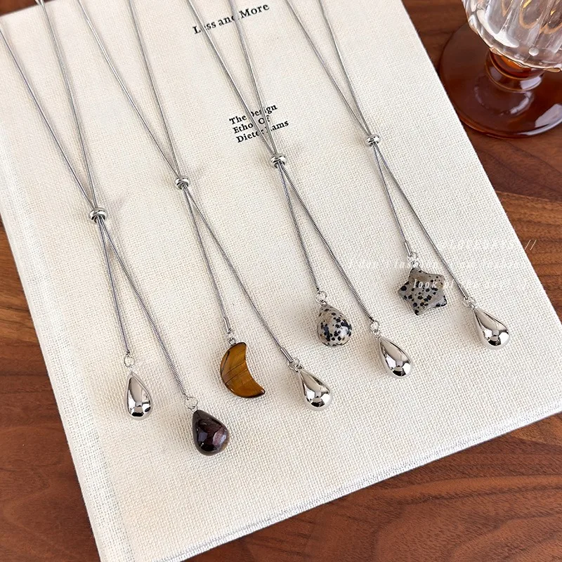 

Natural Tiger Eye Teardrop Pendant Necklace Adjustable Long Sweater Chain Women Unique Layered Jewelry Autumn Winter Jewelry
