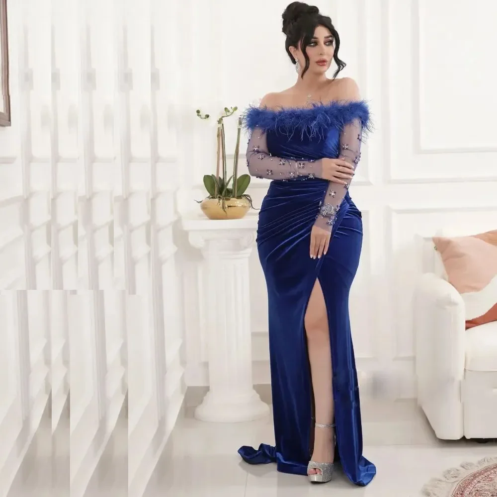 Luxurious sexy off-the-shoulder mermaid Feather Ball Gown Long Sleeve Crystal beaded formal party Special Occasion Evening dress