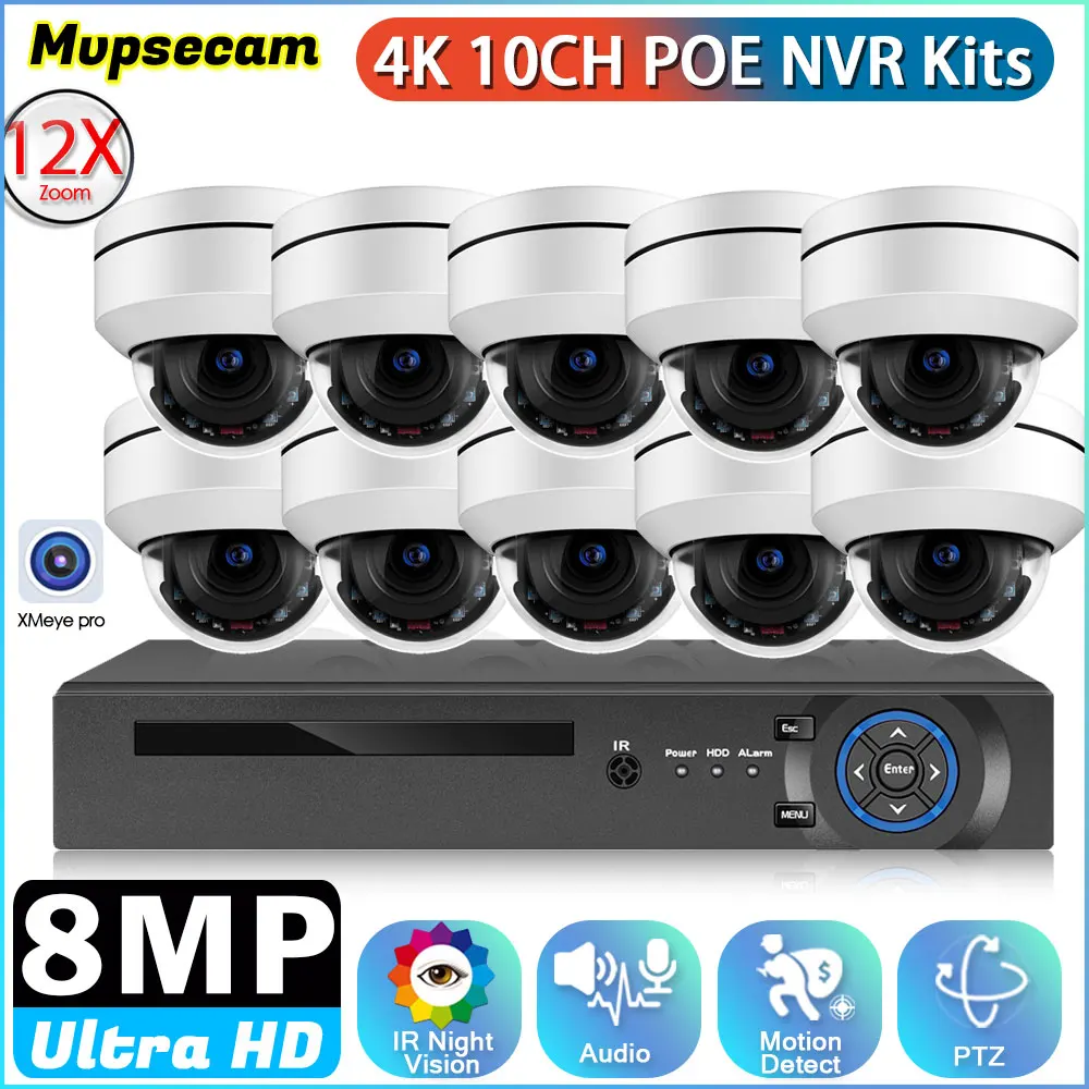 12X Zoom 8MP POE PTZ Dome Camera System Set XMEYE 4K 8CH POE NVR System Outdoor Waterproof CCTV IP Camera Video Surveillance Kit