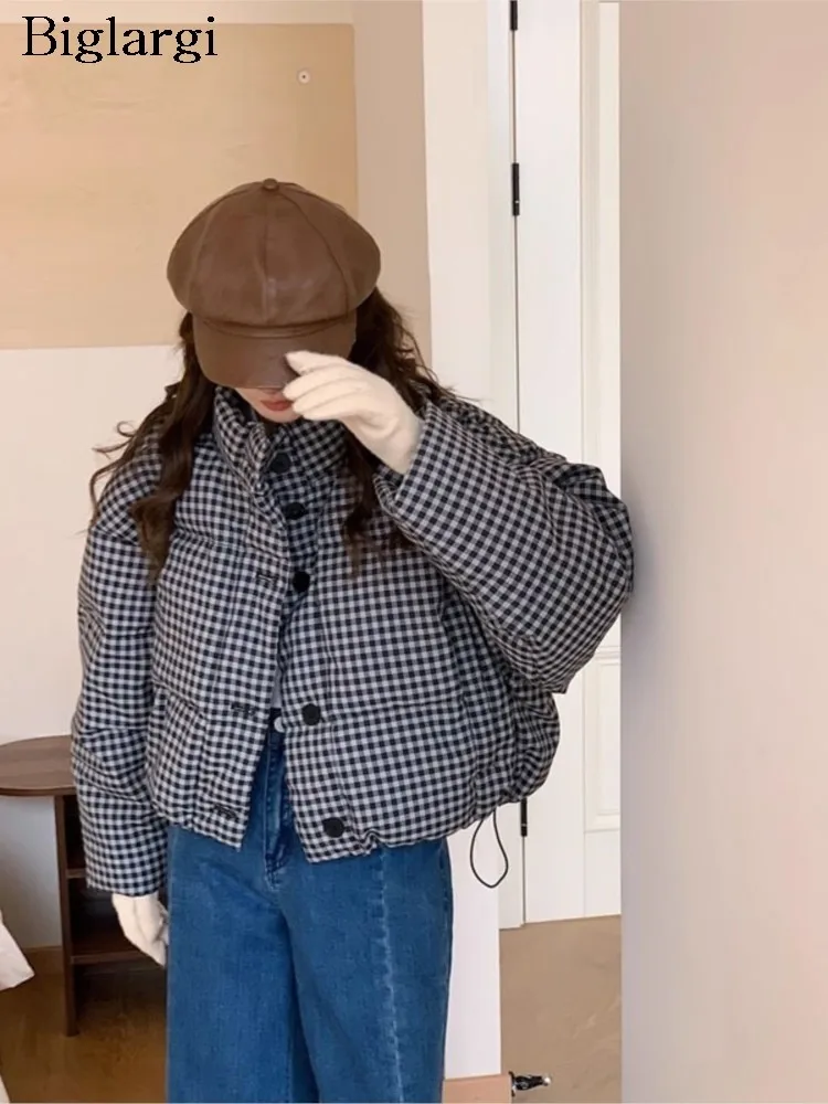 

Winter Padded Cotton Coat Women Houndstooth Plaid Print Fashion Ladies Cropped Jackets Korean Style Loose Woman Coats