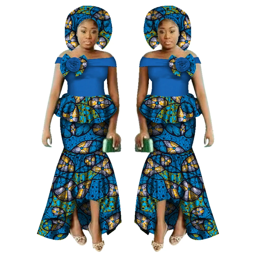 

African Dashiki Print Skirt Tops Suit Sets 2pcs Short Sleeve Tops Plus Ankara Mermaid Maxi Dress with Headscarf WY2521