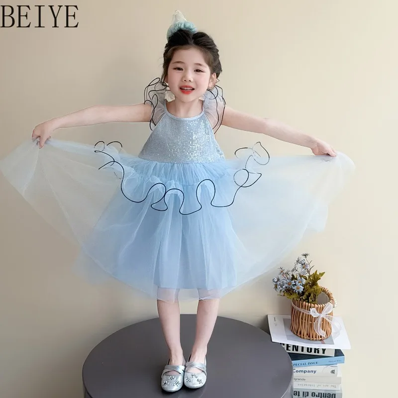 Birthday Suspender Gauze Dress for Girls Summer New Children's Sleeveless High Street Gown Blue Color Sweet Evening Dress