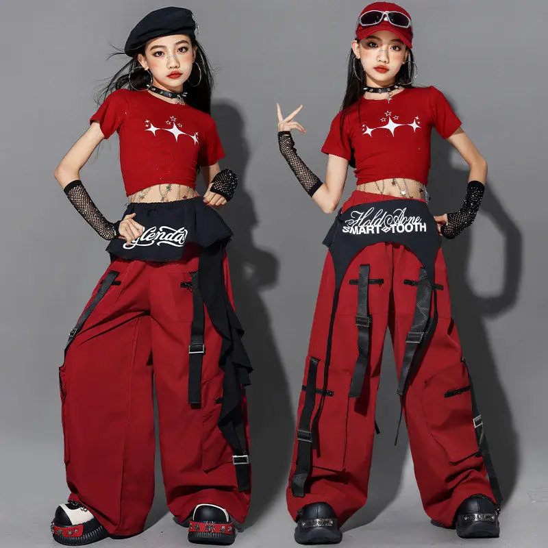 2026 Jazz Dance Clothes Girl Kpop Show Stage Costume Red Performance Wear Crop Top Loose Trousers Urban Dance Clothes AMY3438