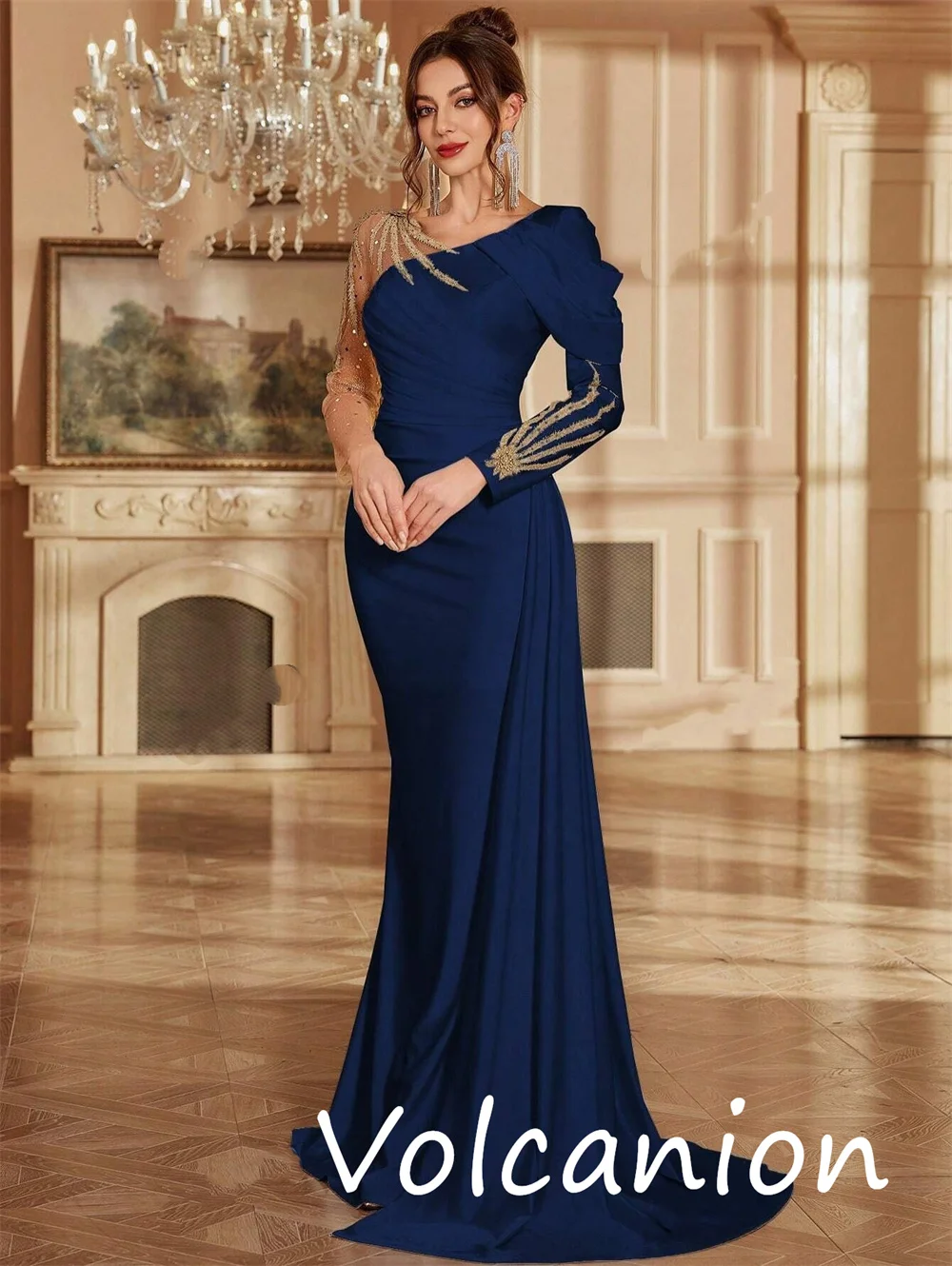 Customized Sparkle Exquisite Jersey Sequined Pleat Trumpet Scoop Neck Long Dresses Bespoke Occasion Simple