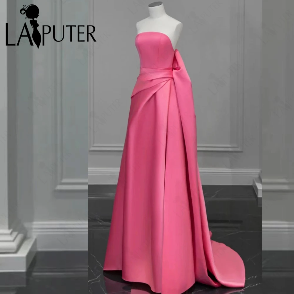 Plain Pink Satin Girl Prom Dresses Strapless A line Long Evening Gown Ruched Back Detachable Big Bow Knot Cute Celebrity Dress