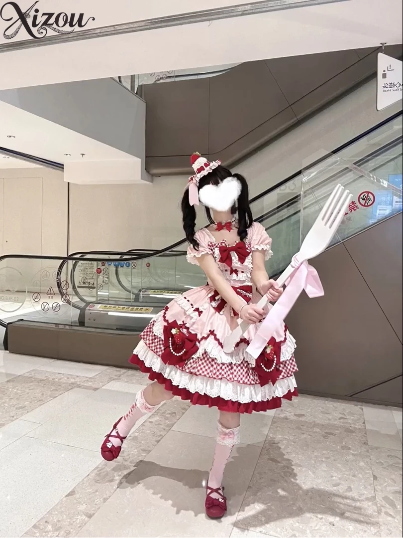 2025 สตรอเบอร์รี่สีชมพูLolita OP Sweet Kawaii Tutuเค้กเจ้าหญิงญี่ปุ่นโบว์ลูกไม้ลายสก๊อตSplicing Victorianพัฟแขน