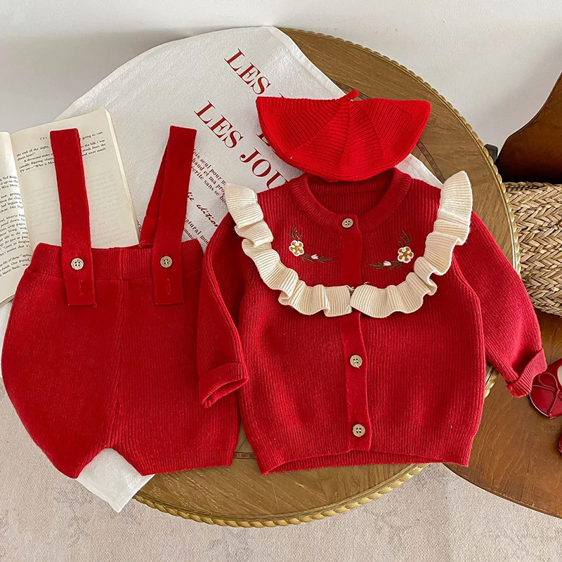 2024 New Autumn Children Long Sleeved Knitted Cardigan+Jumpsuit Newborn Baby Girls Clothing Set Toddler Baby Girl Clothes Suit