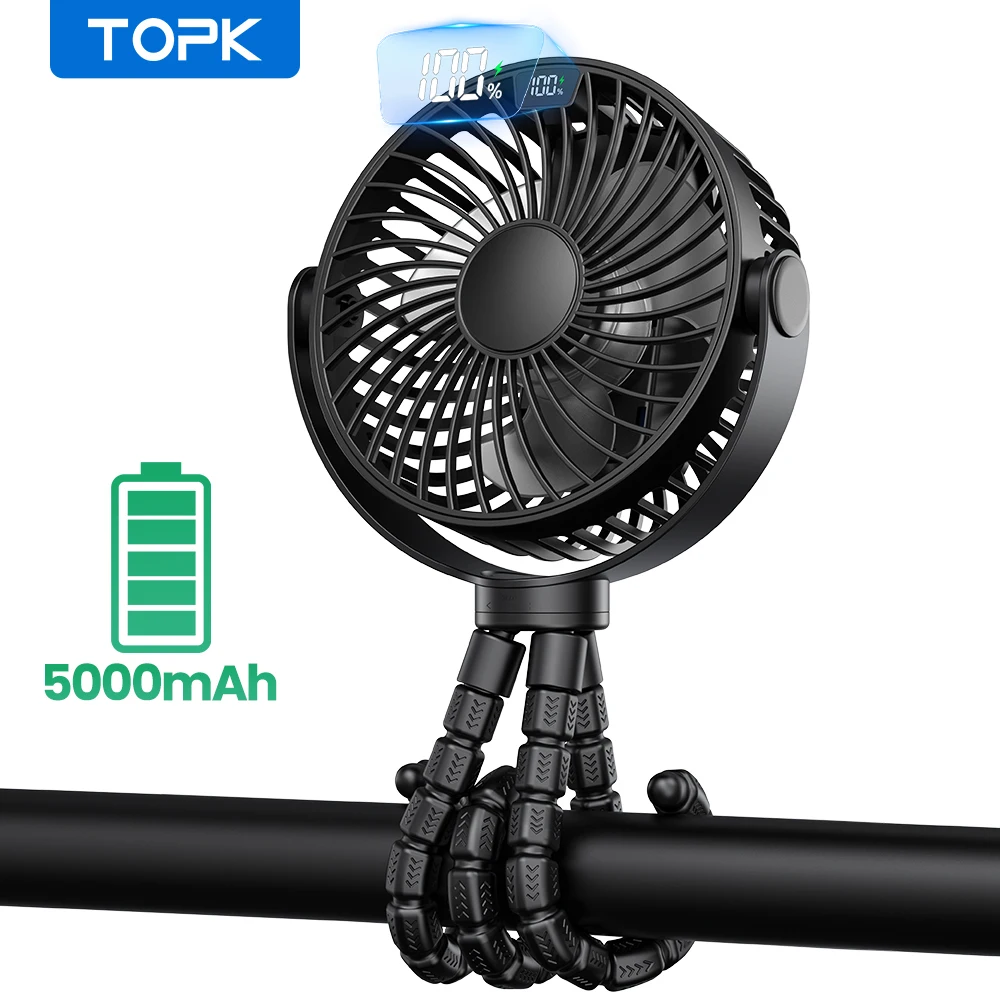 Topk-Ventilador portátil recarregável, Display LED, tripé flexível, Clip On Fan com 4 velocidades, pequeno ventilador pessoal, bateria 5000mAh